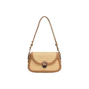 Yalu PU With Straw Woven Shoulder Bag Medium Size Women's Brown/Apricot