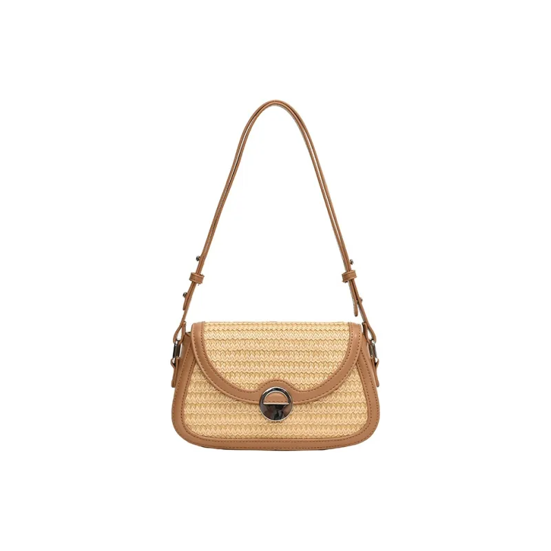 Yalu PU With Straw Woven Shoulder Bag Medium Size Women's Brown/Apricot-0