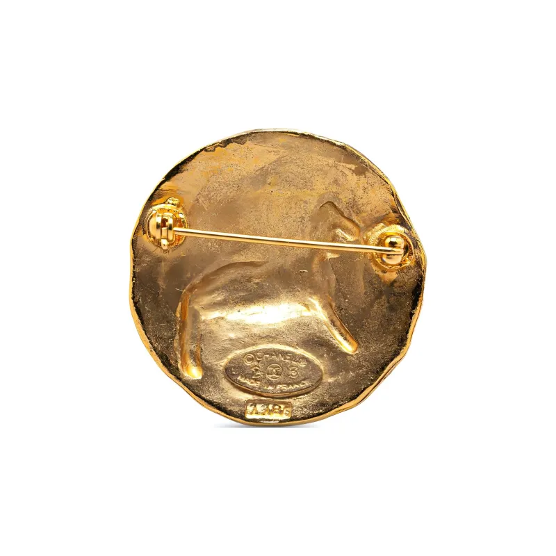 CHANEL 1980 1990 Plated Cc Round Lion Brooch Costume Brooch-1