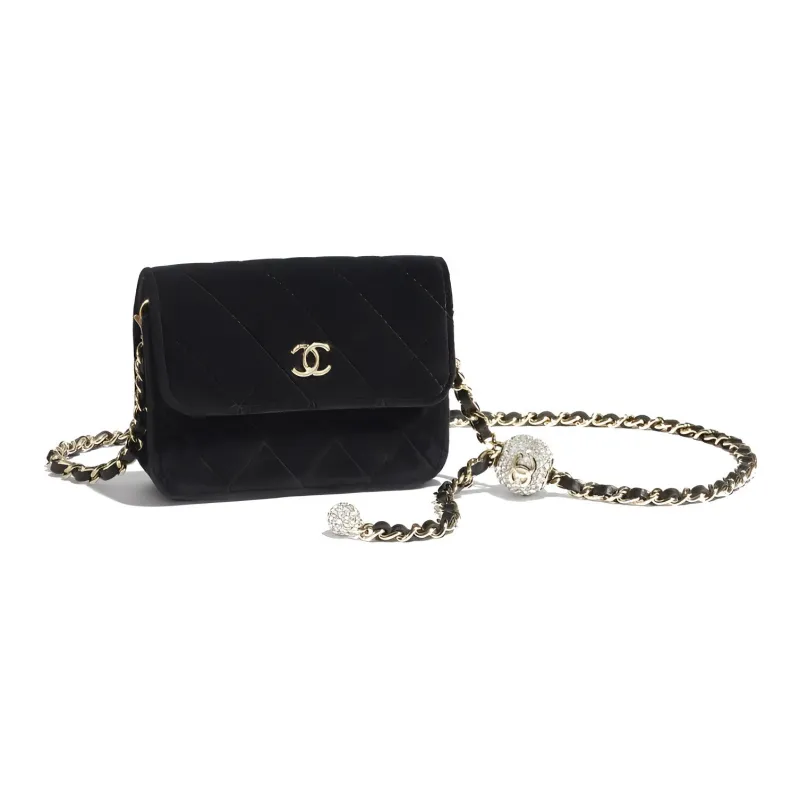 CHANEL Velour Chain Bag Fanny Pack Regular Women's Black-1