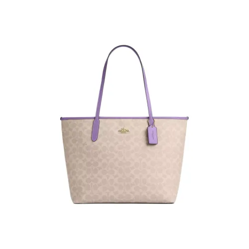 COACH City Coated Canvas Tote Bag, Shopping Bag, Handbag, Shoulder Bag Large Size Women's Beige & Purple