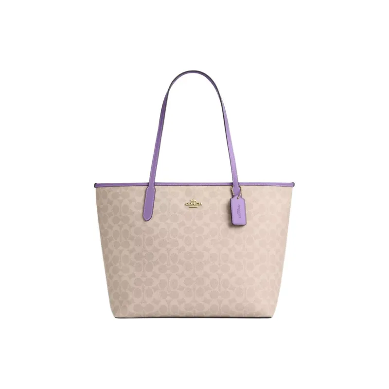 COACH City Coated Canvas Tote Bag, Shopping Bag, Handbag, Shoulder Bag Tubas Women's Beige & Purple-0
