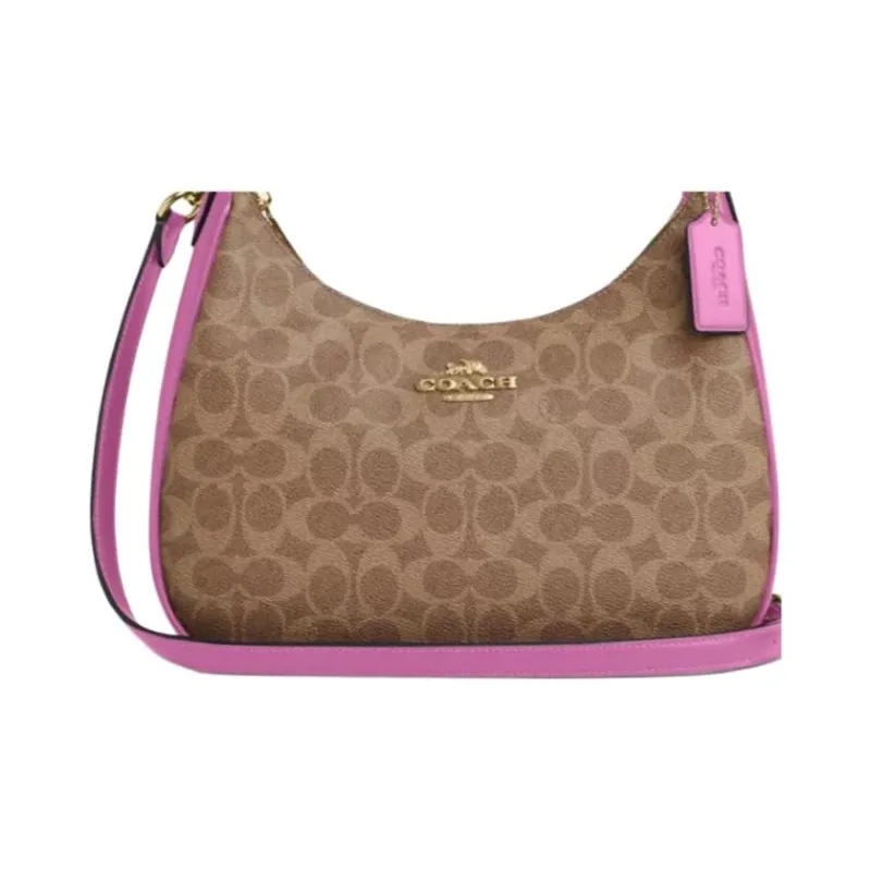 COACH Teri Coated Canvas Crescent Bag, Portable Crossbody Bag, Shoulder Bag Large Size Women's Brown & Cherry Red-3