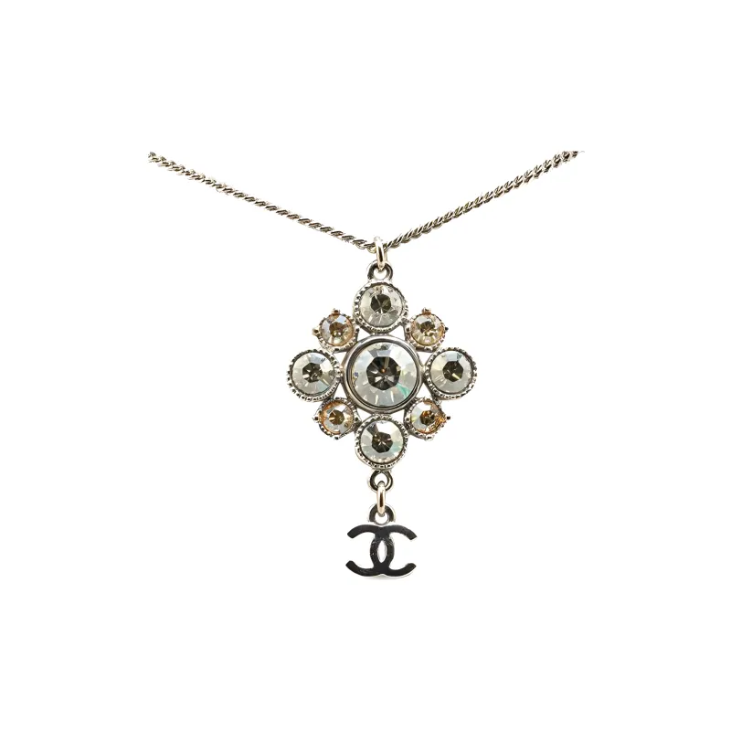 CHANEL 2012 Palladium Plated Cc Crystal Pendant Necklace Costume Necklace-1