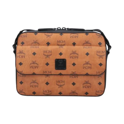 MCM Aren Visetos Coated Canvas Messenger Bag Shoulder Bag Crossbody Bag Medium Size Men's Brown Cognac
