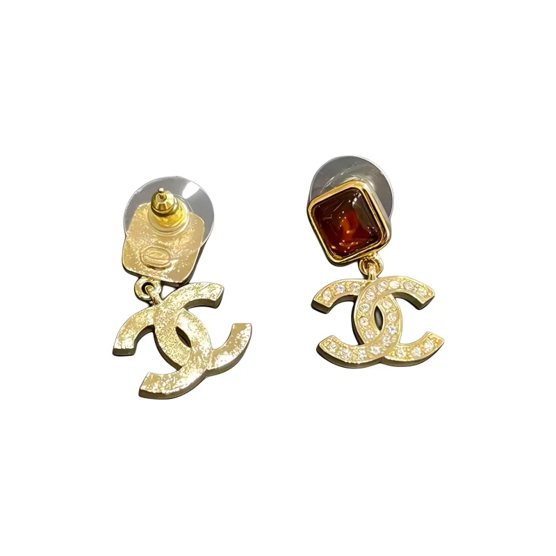 CHANEL Metal Rhinestone Crystal Earrings Women's Gold-1