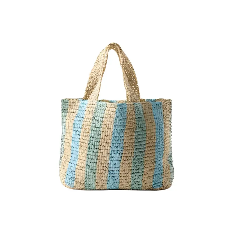 ZARA Raffia Tote Bag Shopping Bag Handbag Regular Women's Beige & Blue-3