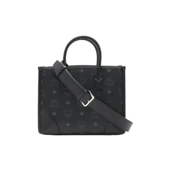 MCM Visetos Cow Leather Artificial Leather Shoulder Bag Crossbody Bag Handbag Small Size Women's Black