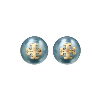 TORY BURCH Brass Faux Pearl Titanium Stud Earrings Women's Blue