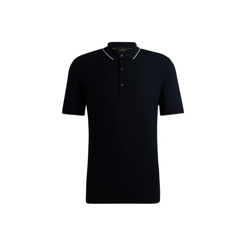 HUGO BOSS Mixed-Structure Polo Sweater In Silk And Cotton Polo Shirt Men's Dark Blue-0
