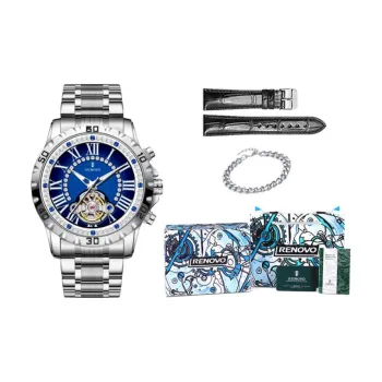 RENOVO Automatic Mechanical Movement Stainless Steel Watchband Watch Men's Watches Blue Dial