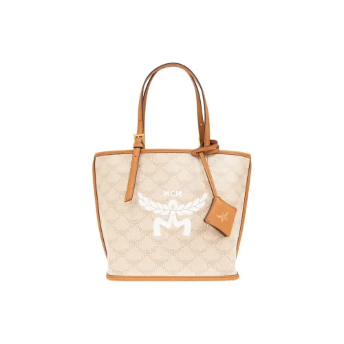 MCM Canvas With Leather Tote Bag Shopping Bag Shoulder Bag Mini Women's Beige