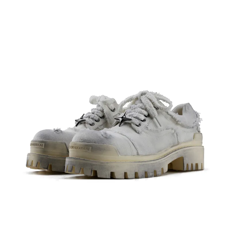 HANQIAORIJI Black Blood Series Abrasion Resistant Breathable Low Top Casual Shoes Men's Distressed White-2