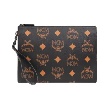 MCM Visetos Zip Closure Wrist Bag Clutch Medium Size Unisex Black