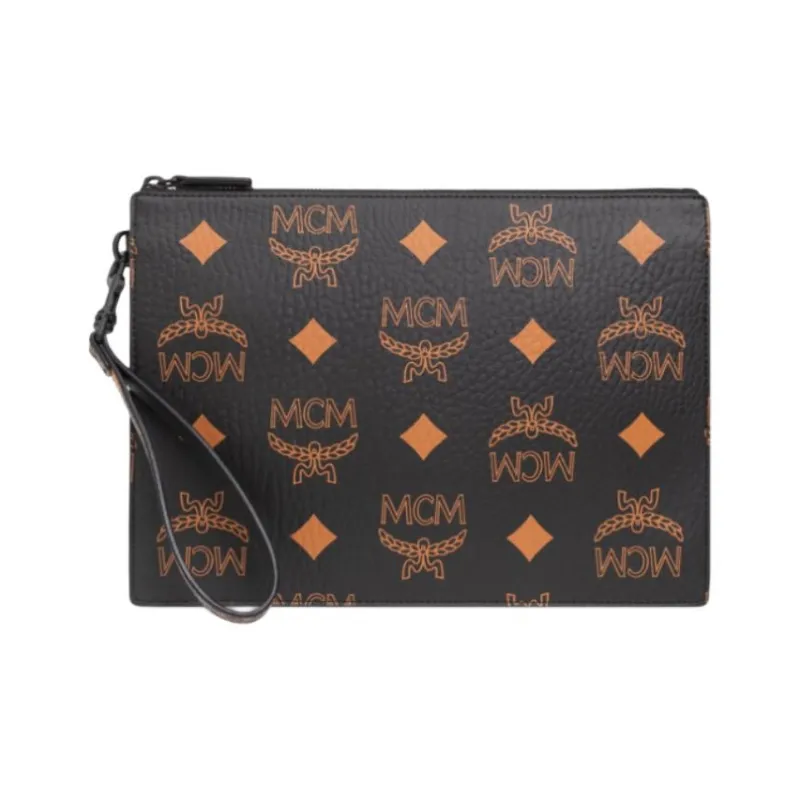 MCM Visetos Zippers Wrist Bag Clutch Medium Size Unisex Black-0