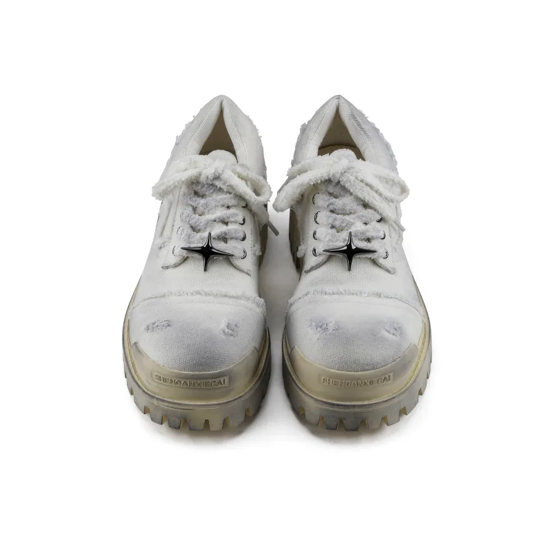 HANQIAORIJI Black Blood Series Abrasion Resistant Breathable Low Top Casual Shoes Men's Distressed White-4