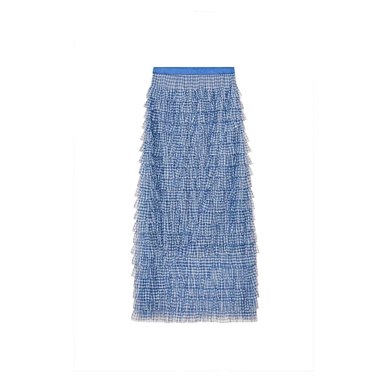 ELF SACK Casual Long Skirt Women's Blue Plaid-1