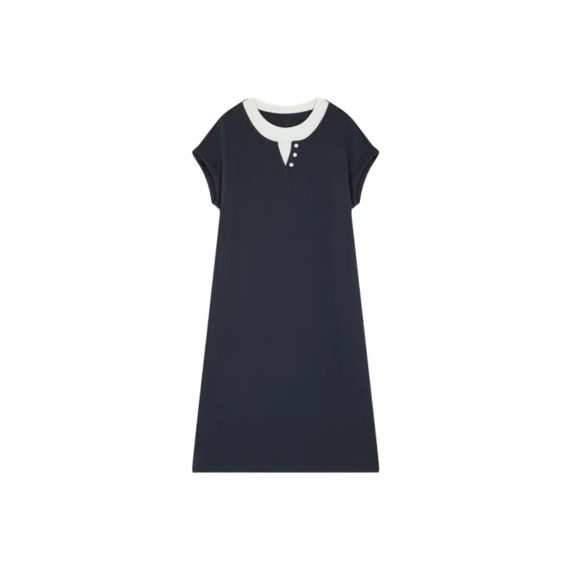 Mo Han Yi Mei Short Sleeved Dresses Women's Navy Blue-0
