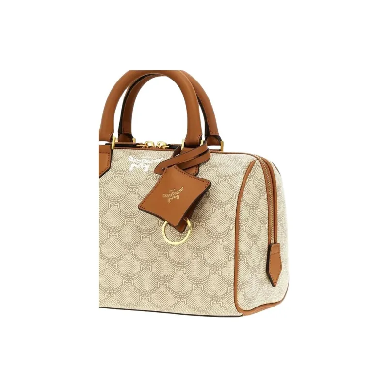 MCM Canvas With Leather Boston Bag Shoulder Bag Crossbody Bag Handbag Small Size Women's Beige-2
