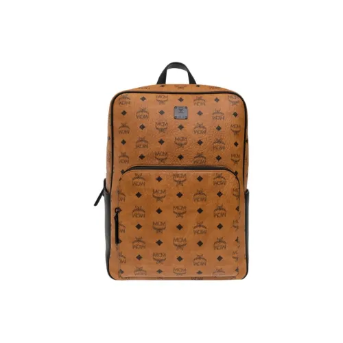 MCM Aren Coated Canvas Backpack Medium Size Unisex Brown Cognac
