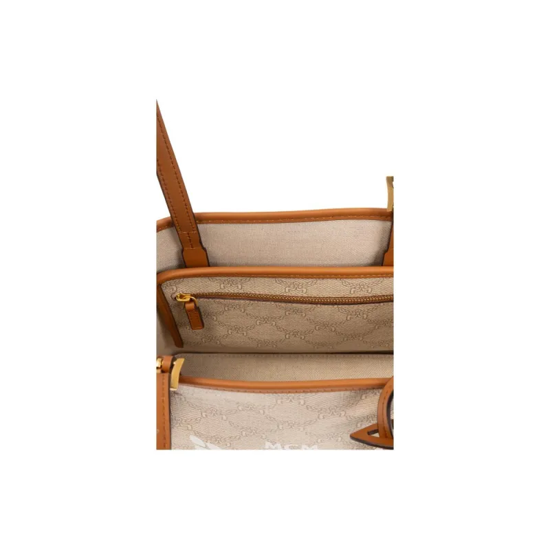 MCM Canvas With Leather Tote Bag Shopping Bag Shoulder Bag Mini Women's Beige-3