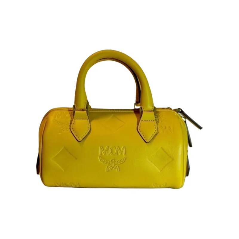 MCM Cow Leather Boston Bag, Shoulder Bag, Crossbody Bag, Handbag Small Size Women's Yellow-1
