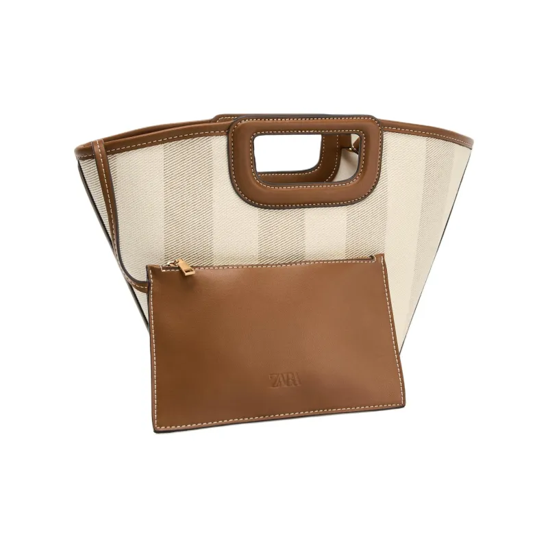 ZARA Cotton Tote Bag, Shopping Bag, One Shoulder Handbag Medium Size Women's Raw White-1