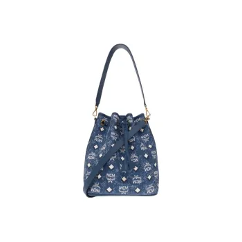 MCM Denim Jacquard With Leather Bucket Bag, Portable Crossbody Bag, Shoulder Bag Medium Size Women's Blue