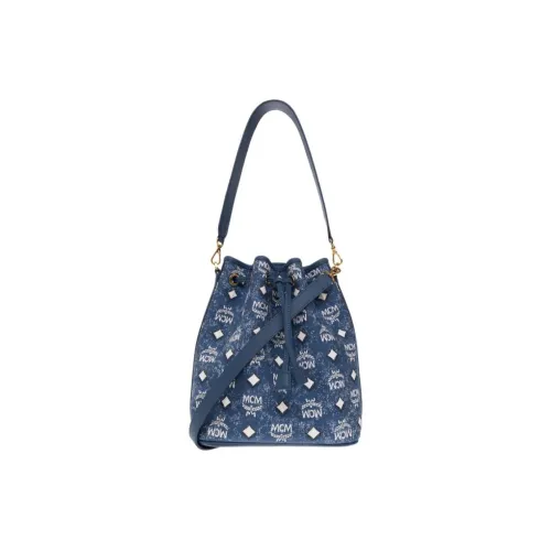 MCM Denim Jacquard With Leather Bucket Bag, Portable Crossbody Bag, Shoulder Bag Medium Size Women's Blue