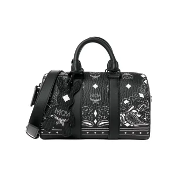 MCM Aren Canvas With Leather Boston Bag, Crossbody Handbag Small Size Unisex Black