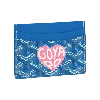 GOYARD Canvas With Calfskin Card Clip Card Holder Unisex Sky Blue With Pink Heart Design