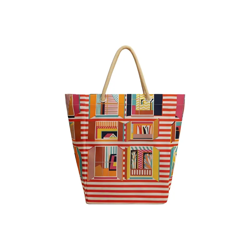 HERMES From My Window Canvas Beach Bag Handbag Women's Orange & Multicolor-2