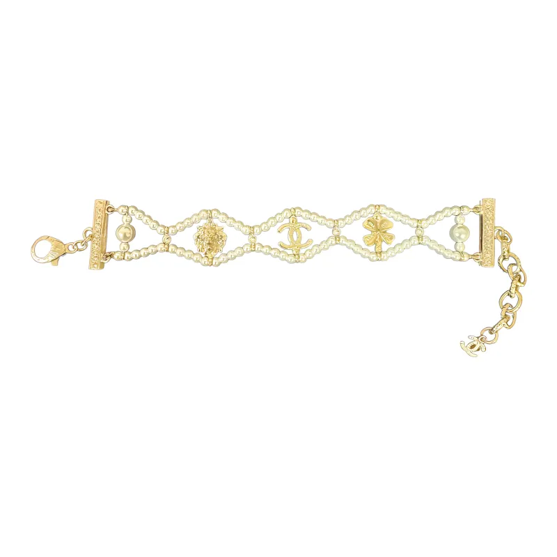 CHANEL Metal Glass Pearl Brass Crystal Bracelets Women's Gold-1