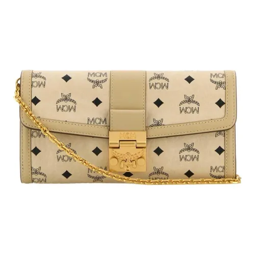 MCM Tracy Visetos Coated Canvas With Leather Trim Chain Shoulder Bag Large Size Women's Beige
