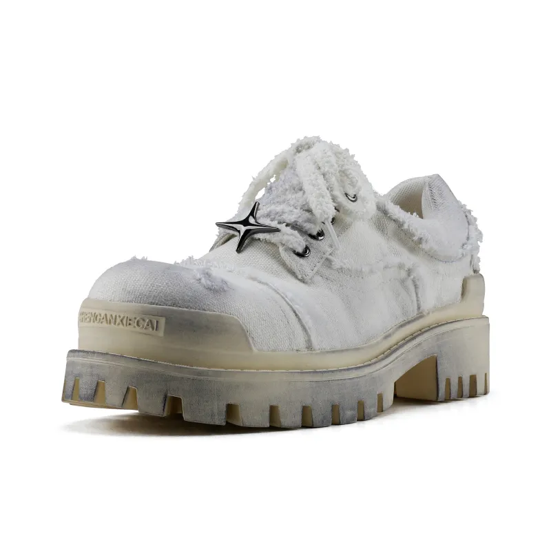 HANQIAORIJI Black Blood Series Abrasion Resistant Breathable Low Top Casual Shoes Men's Distressed White-1