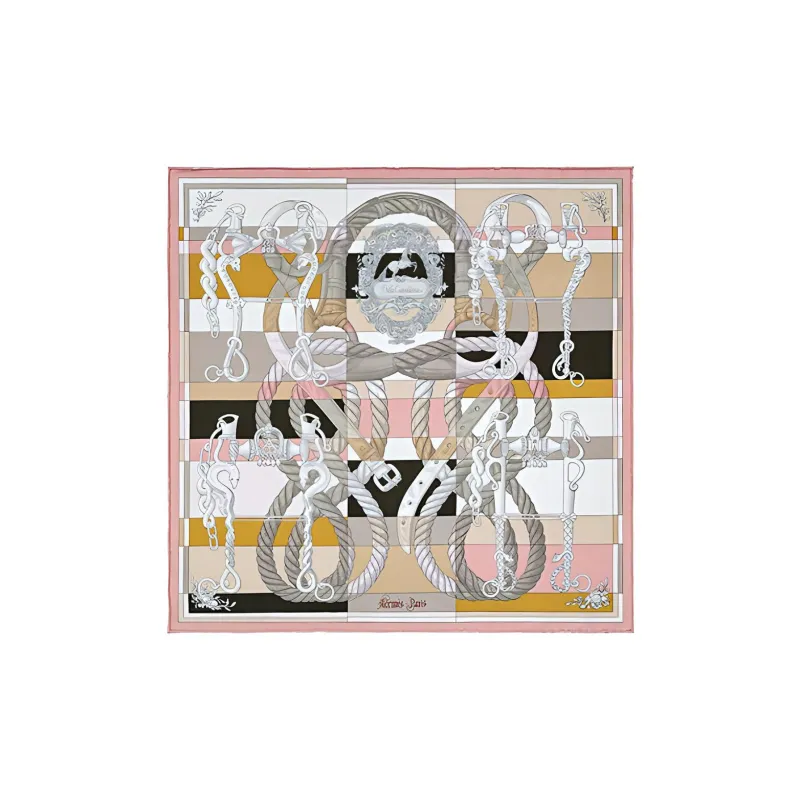 HERMES Silk Scarves Women's Dark Pink/Beige/Gray Silk Scarf-0