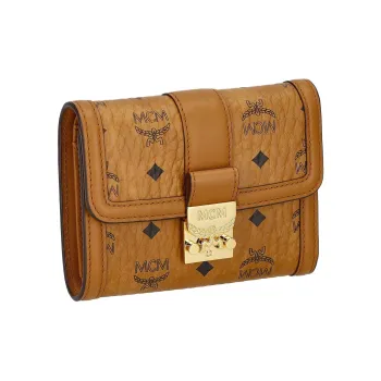 MCM Tracy Visetos Canvas With Leather Wallet Small Size Women's Cognac Brandy Brown & Black
