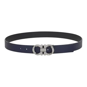 FERRAGAMO Emblem Smooth Buckle Design Calfskin Leather Belts Men's Blue Width 3.5CM