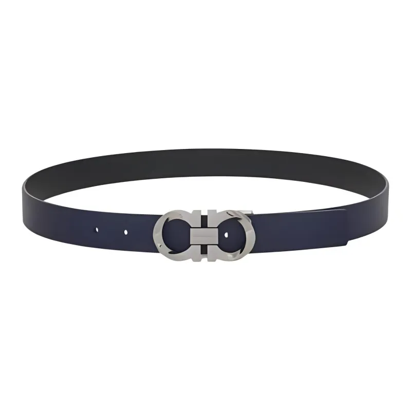 FERRAGAMO Emblem Smooth Buckle Design Calfskin Leather Belts Men's Blue Width 3.5CM-0