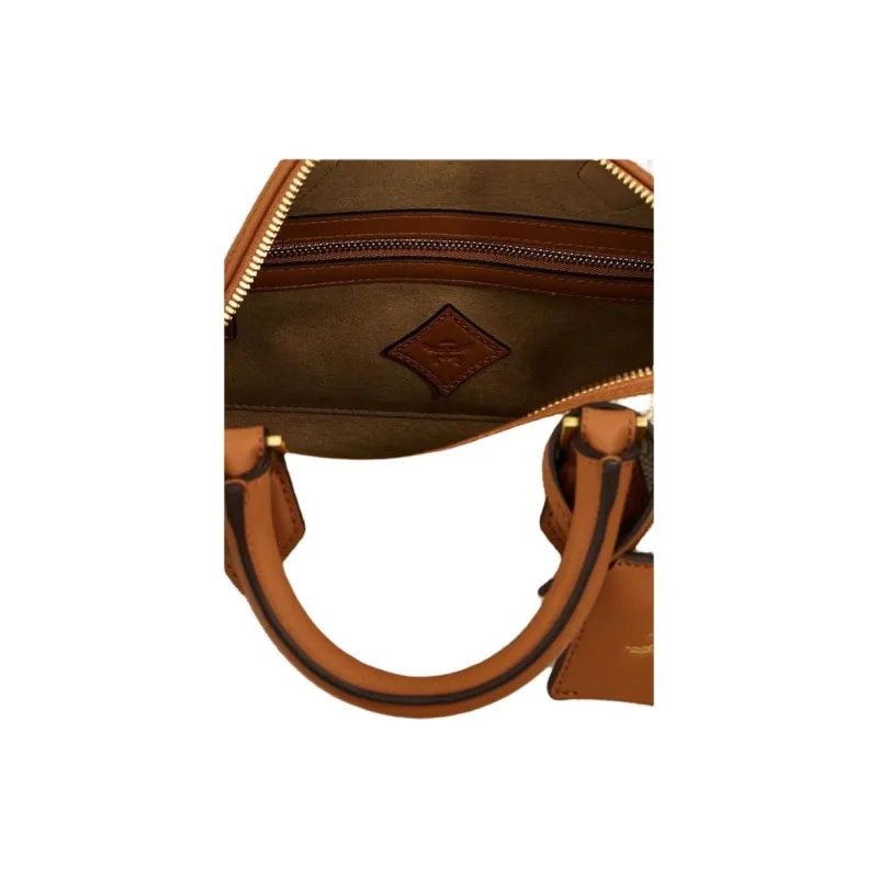 MCM Canvas With Leather Boston Bag Shoulder Bag Crossbody Bag Handbag Small Size Women's Beige-3
