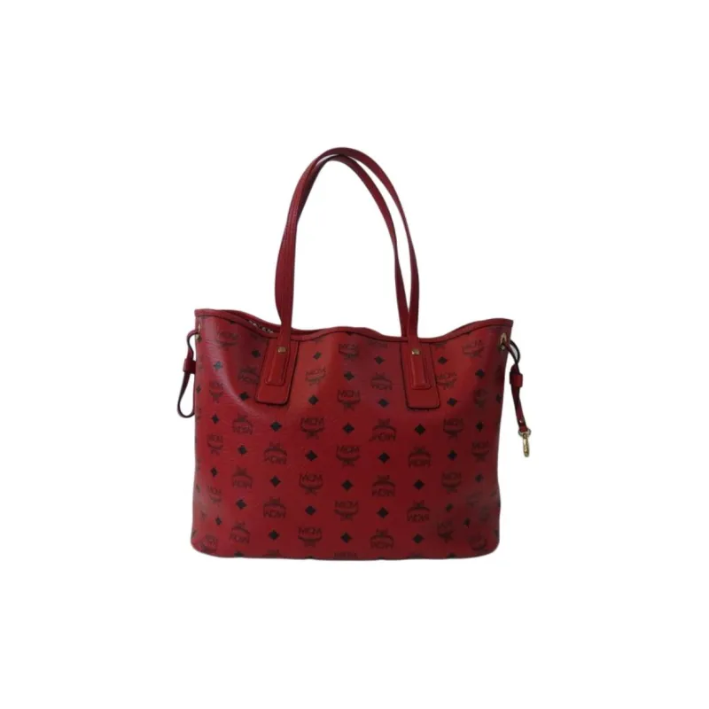 MCM Liz Visetos PVC Tote Bag Shopping Bag Combo Shoulder Bag Handbag Medium Size Women's Red-2