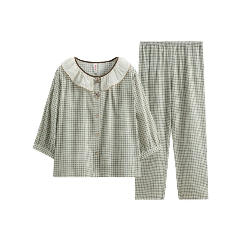 FENTENG Pajama Set Women's Green Plaid-0