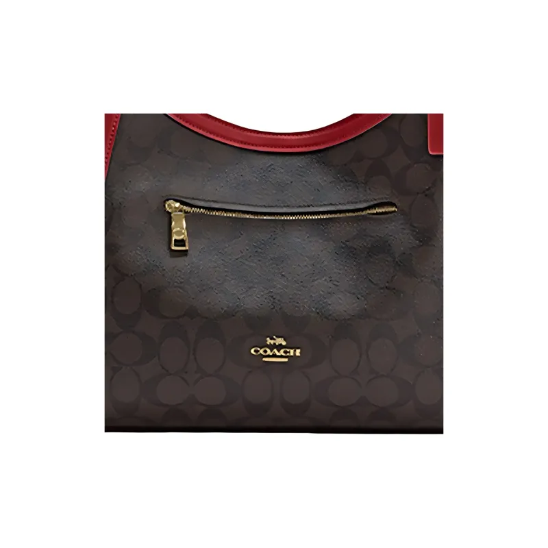 COACH Kristy Iconic Coated Canvas With Smooth Leather Bucket Bag, One Shoulder Handbag Tubas Women's Dark Brown & Red-4