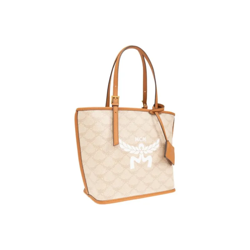 MCM Canvas With Leather Tote Bag Shopping Bag Shoulder Bag Mini Women's Beige-1