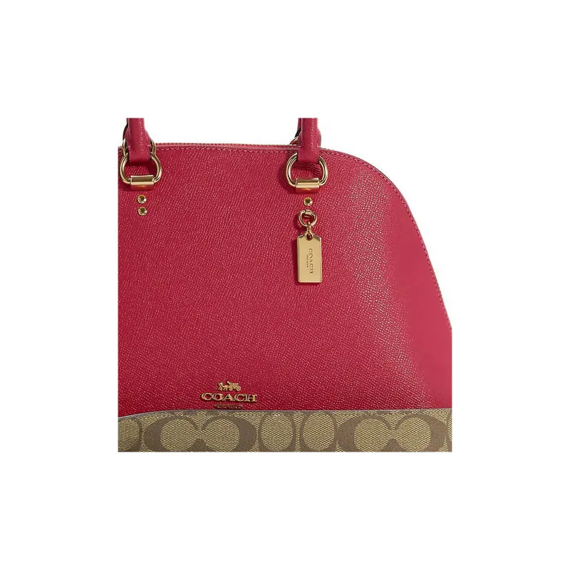 COACH Katy Cross Grain Leather Dome Bag, Shoulder Bag, Crossbody Bag, Handbag Large Size Women's Red & Brown-4