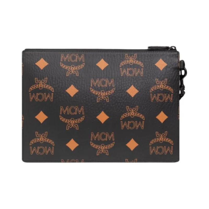 MCM Visetos Zippers Wrist Bag Clutch Medium Size Unisex Black-2