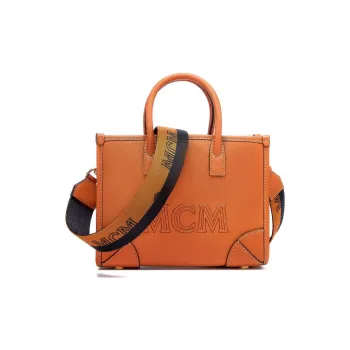 MCM München Cow Leather Tote Bag Shopping Bag Crossbody Handbag Mini Women's Brown Cognac