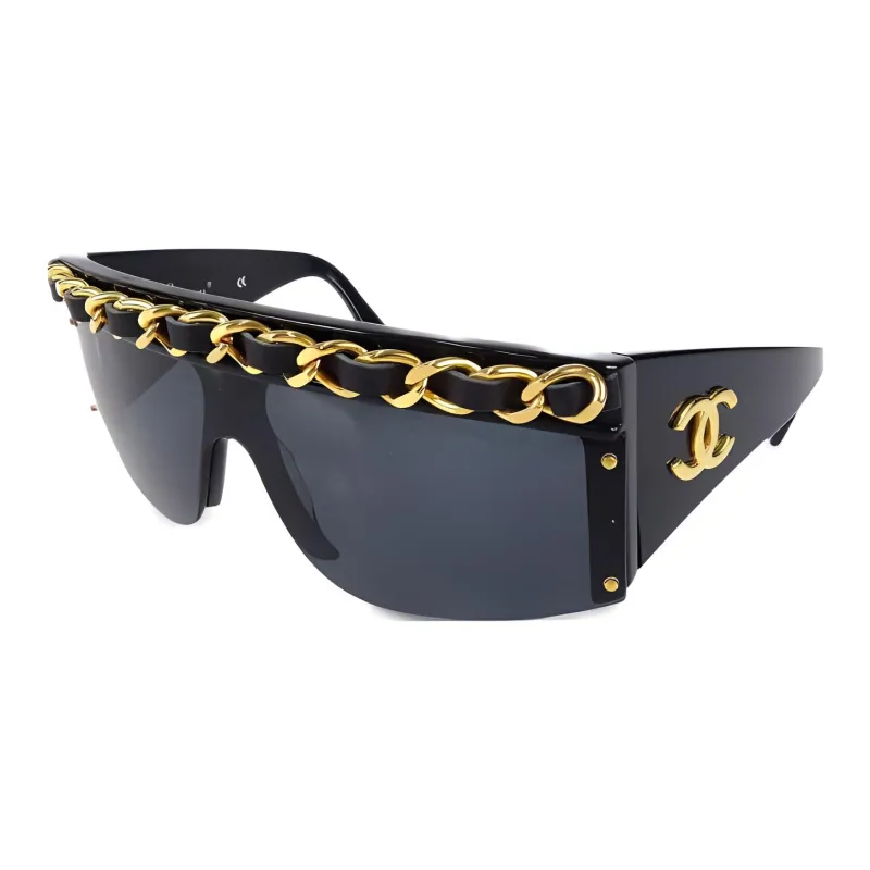 CHANEL 1980 1990s Chain trimmed Shield frame Sunglasses-0