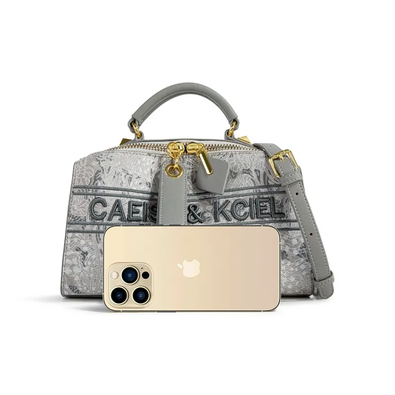 CAEISL&KCIEL Polyurethane Synthetic Leather Handbag Women's Embroidery Pink/Embroidery Gray-8