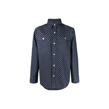 BALMAIN Monogram Jacquard Curved Hem Denim Shirt